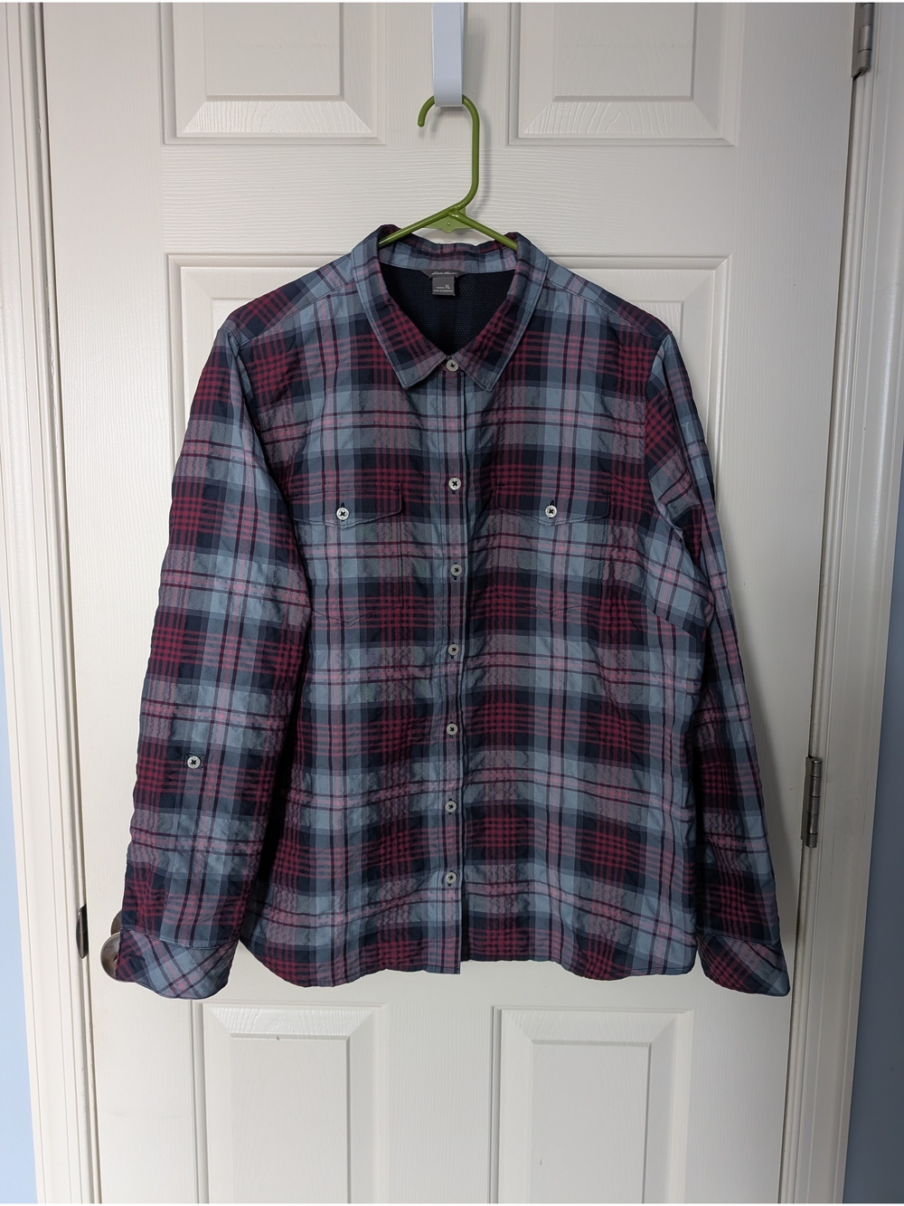 Eddie Bauer performance button-down in light blue and dark pink plaid